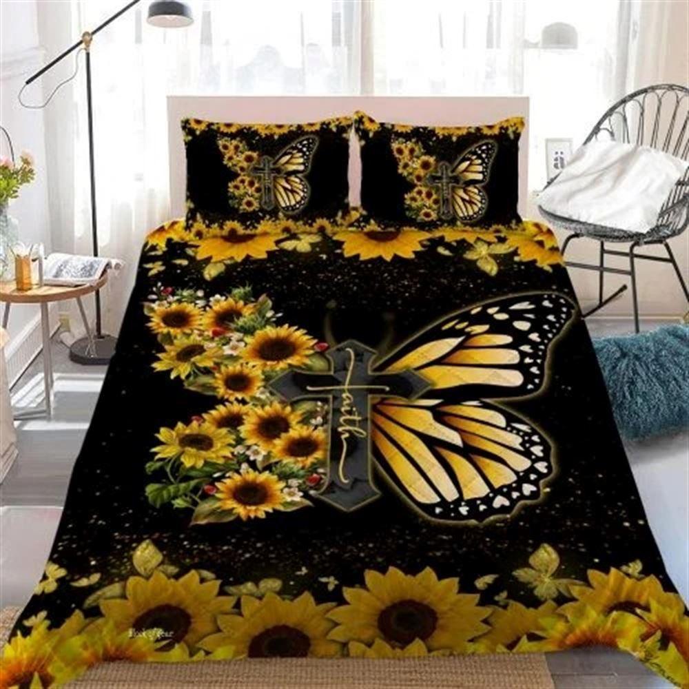 Faith Jesus Christ Butterfly Sunflower Quilt Bedding Set – Christian Gift For Believers Faith Jesus Christ Butterfly Sunflower Quilt Bedding Set – Christian Gift For Believers