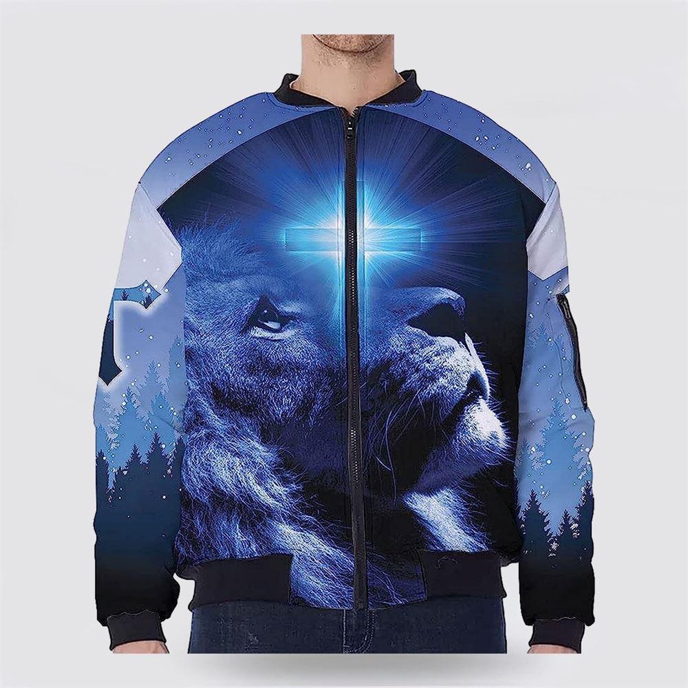Happy Moment Praise God Lion Cross Blue Light Bomber Jacket – Gifts For Jesus Lovers