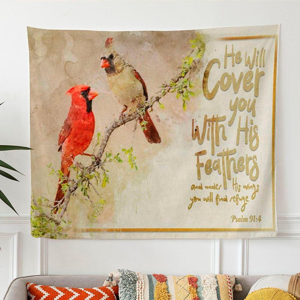 He Will Cover You With His Feathers Tapestry Wall Art Couple Cardinal – Gifts For Christians