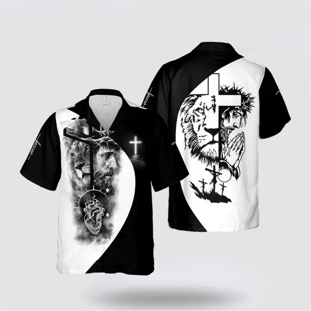 Jesus Cross Lion Shirt, Lion Of Judah Tee, Religious Gifts, Jesus Drawing Tee Hawaiian Shirt – Gifts For Jesus Lovers