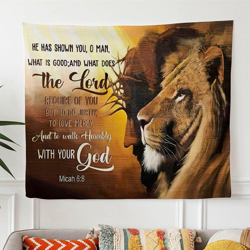 Jesus Lion Of Judah Walk Humbly With Your God Micah 68 Bible Verse Tapestry Wall Art – Tapestries Gifts For Christian Families