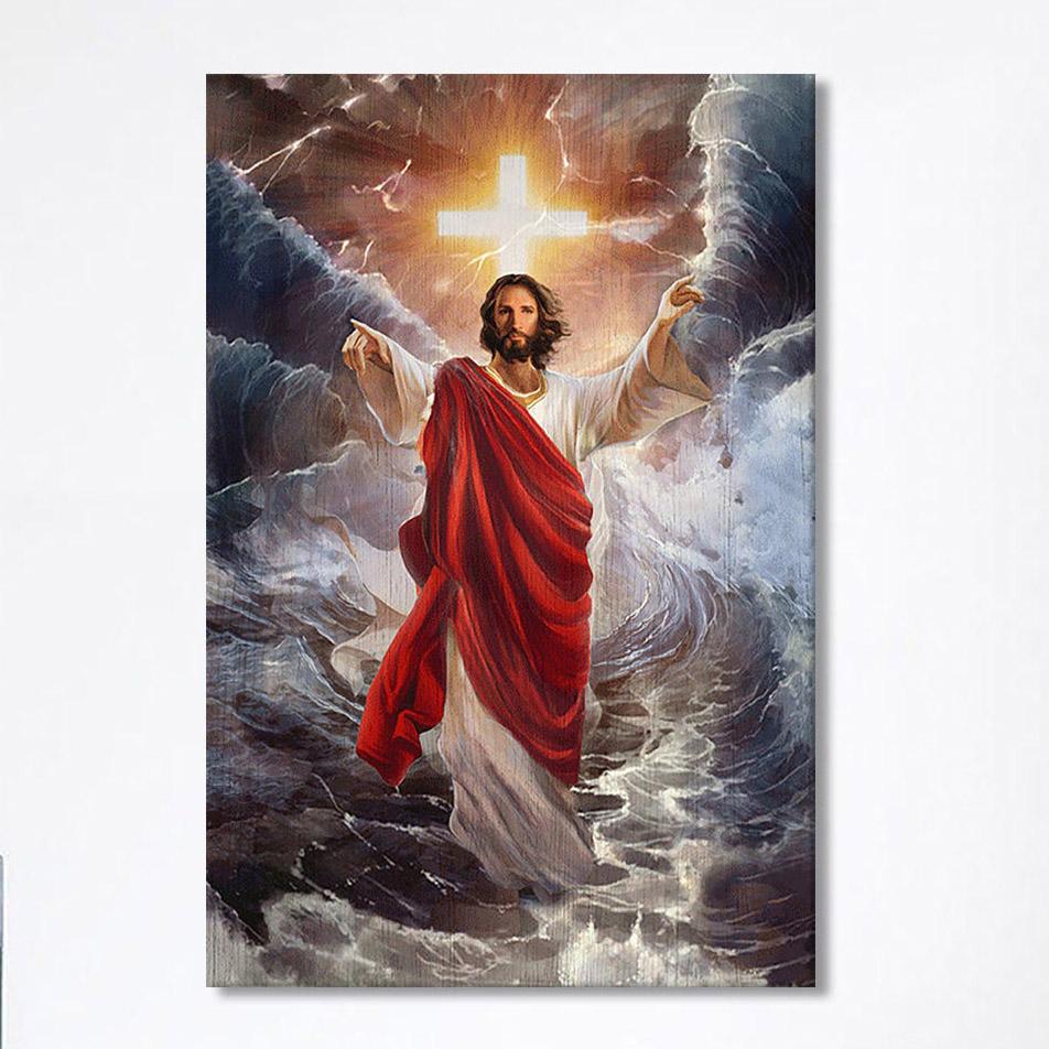 Jesus Walks On Water Cross Light Wall Art Canvas – Jesus Portrait Canvas Prints – Christian Wall Art Canvas