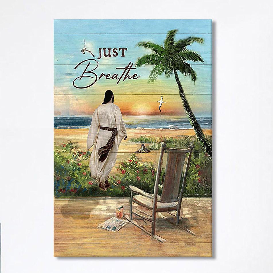 Jesus Walks Sunset Beach Just Breathe Canvas – Christian Wall Art Canvas – Religious Home Decor
