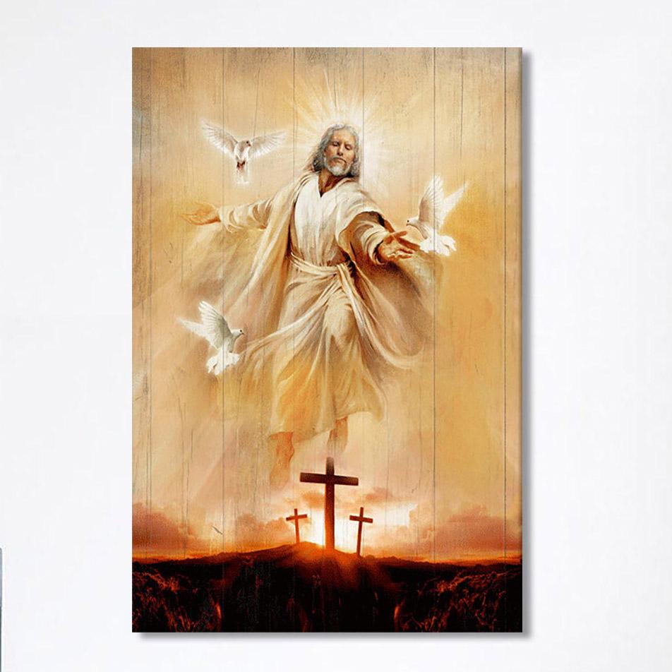 Jesus With Dove Sunset Wooden Cross Canvas Wall Art – Christian Canvas Prints – Bible Verse Canvas Art