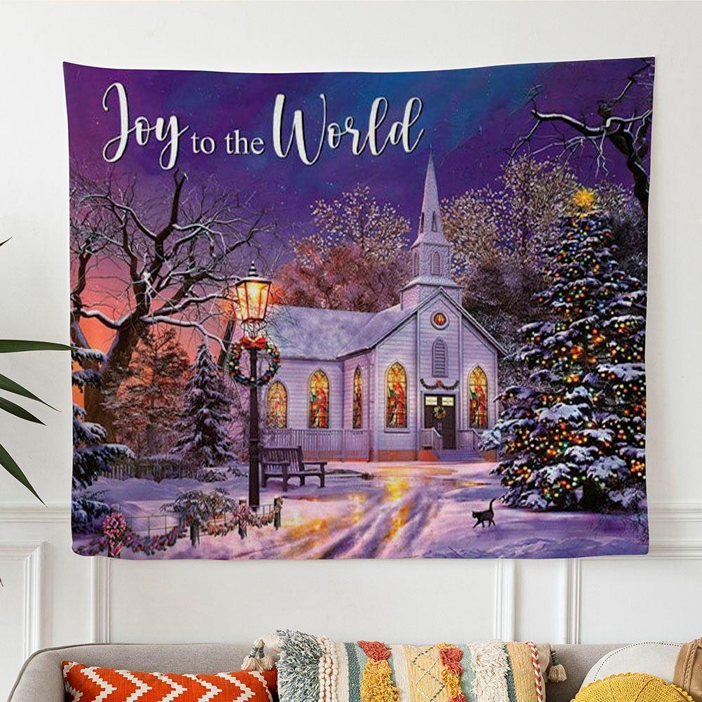 Joy To The World Country Church In Snow Christmas Tapestry Wall Art – Tapestries Gifts For Christian Families