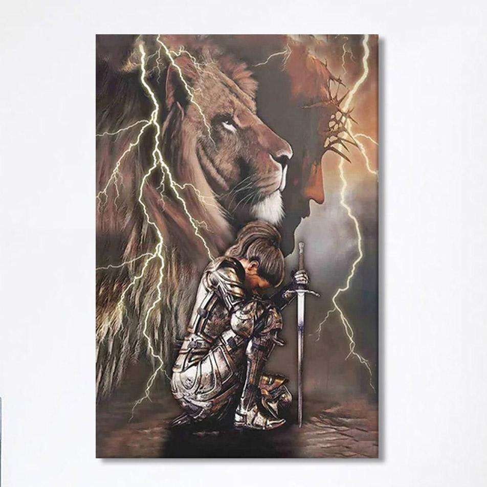 Lion And Knight Jesus Female Warrior Canvas Wall Art – Christian Home Decor – Religious Art