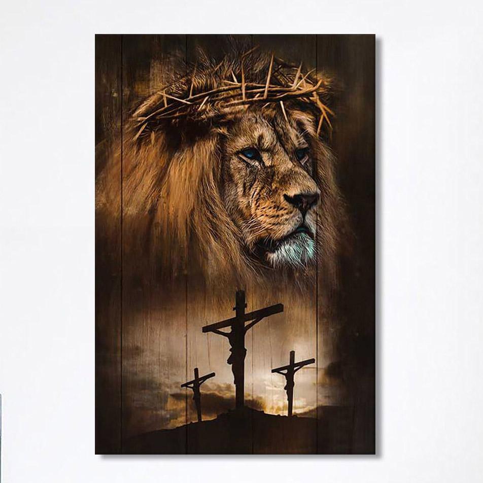 Lion Crown Of Thorn Jesus On The Cross Canvas – Lion Canvas Print – Christian Wall Art Canvas – Religious Home Decor