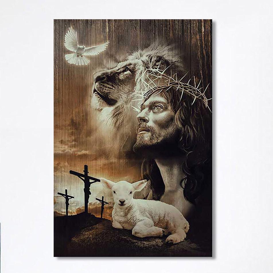 Lion Of Judah Lamb Of God Jesus The Old Rugged Crosses Canvas – Lion Canvas Print – Christian Wall Art Canvas – Religious Home Decor