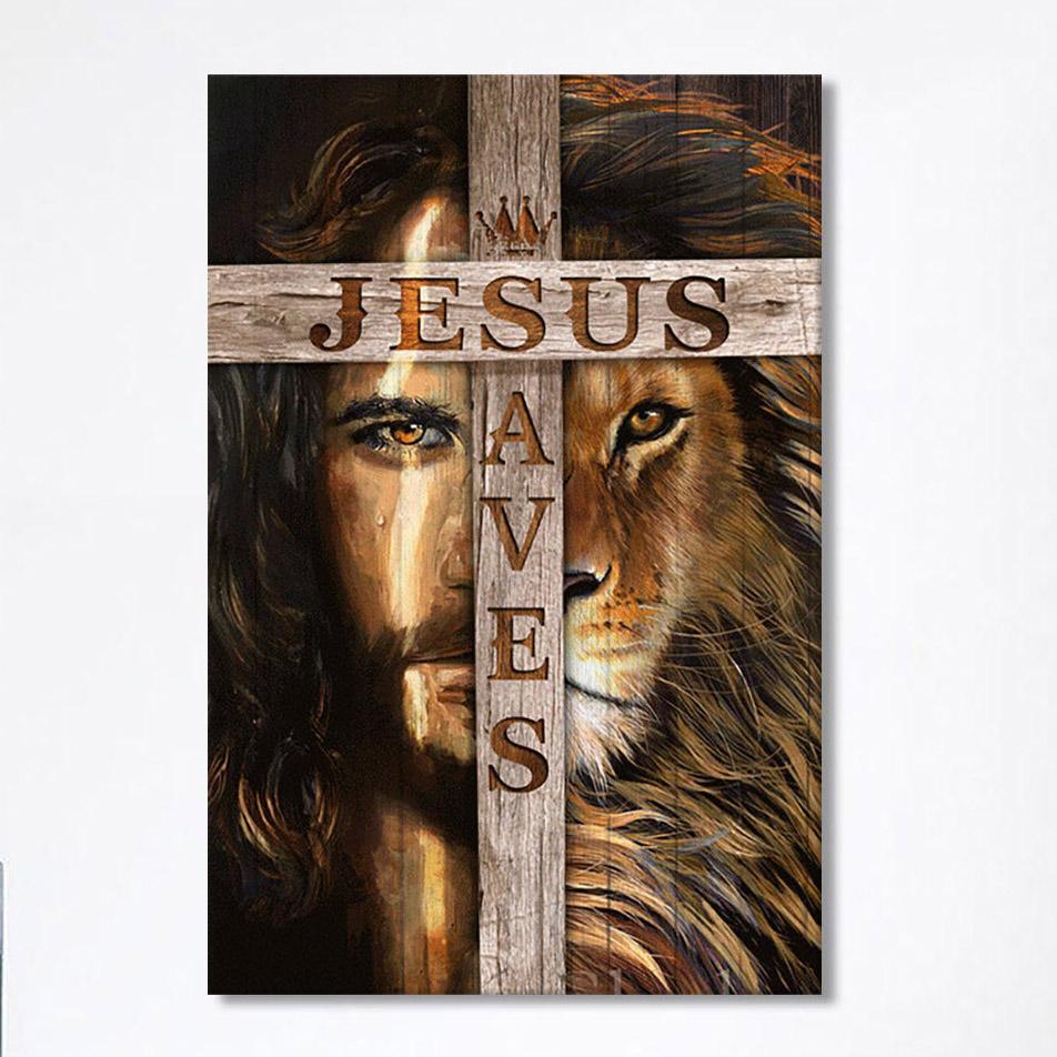 Lion Of Judah Wooden Cross Jesus Saves Canvas – Lion Canvas Print – Christian Wall Art Canvas – Religious Home Decor