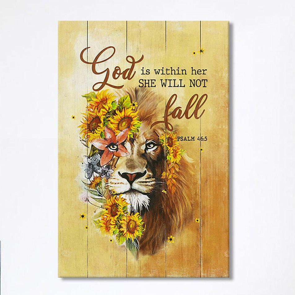 Lion Sunflower God Is Within Her She Will Not Fall Canvas Wall Art – Christian Canvas Prints – Bible Verse Canvas Art