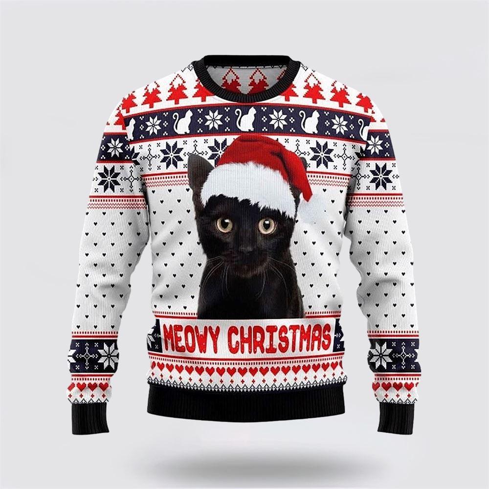 Meowy Black Cat Christmas White Sweater – Cat Lover Christmas Sweater Meowy Black Cat Christmas White Sweater – Cat Lover Christmas Sweater