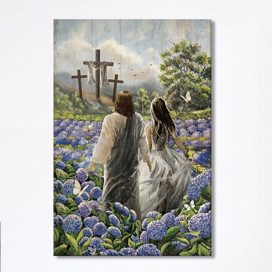 Pretty Girl Walking With Jesus In Purple Hydrangea Flower Field Canvas Print- Christian Wall Art Canvas Home Decor Pretty Girl Walking With Jesus In Purple Hydrangea Flower Field Canvas Print- Christian Wall Art Canvas Home Decor