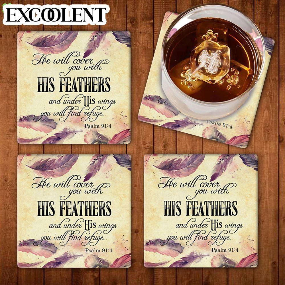 Psalm 914 Niv He Will Cover You With His Feathers Stone Coasters – Coasters Gifts For Christian