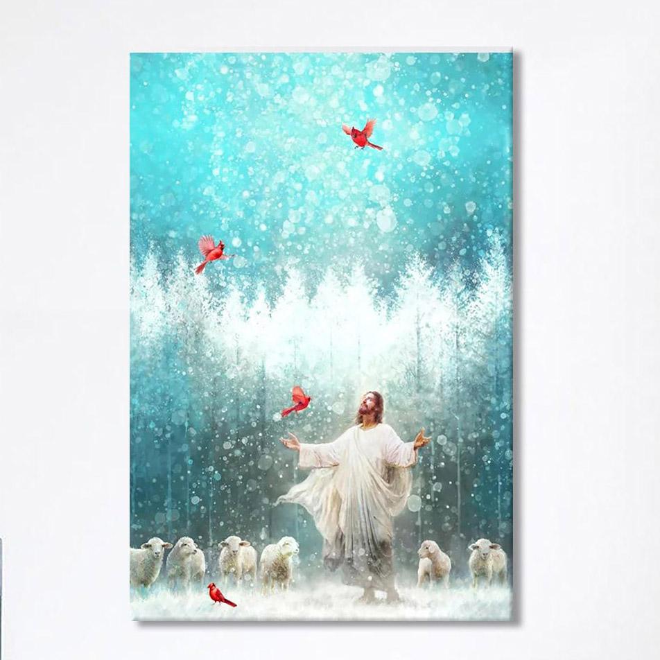 Radiance Jesus And Snow Cardinal Canvas Prints – Jesus Christ Canvas Art – Christian Wall Decor