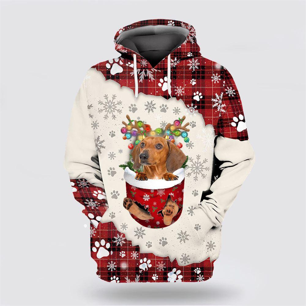 Red Dachshund In Snow Pocket Merry Christmas All Over Print 3D Hoodie – Dog Lover Christmas Hoodie