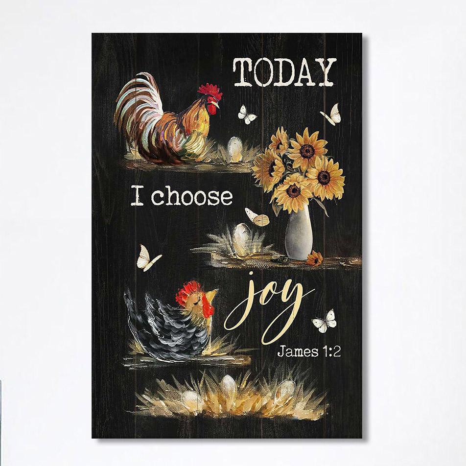 Rooster Sunflower Vase Black Background Today I Choose Joy Canvas Art – Christian Art – Bible Verse Wall Art – Religious Home Decor