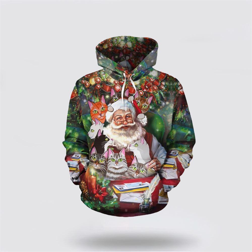 Santa With Cat Christmas 3D All Over Print Hoodie – Cat Lover Christmas Hoodie