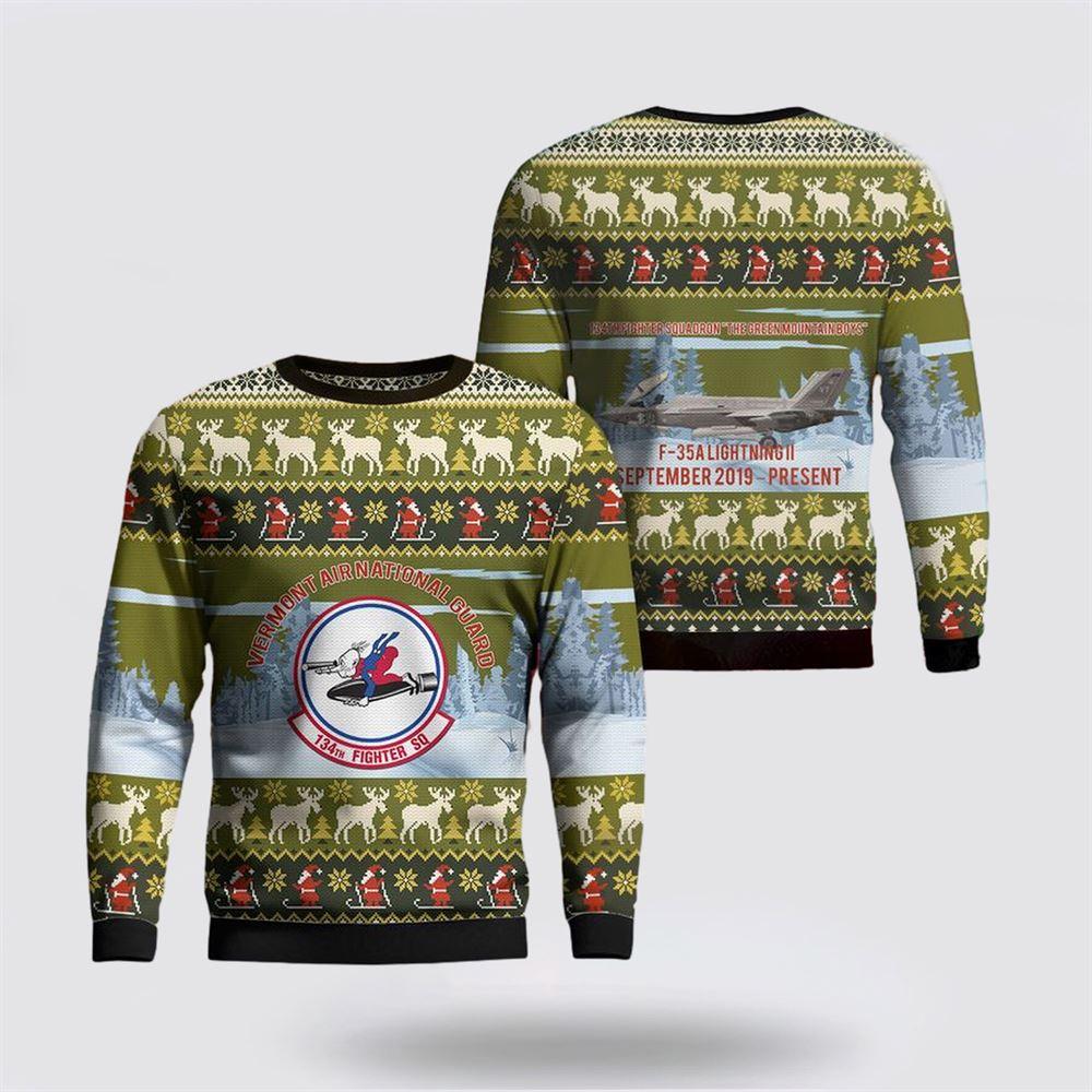 US Air Force Vermont Air National Guard 134th Fighter Squadron F-35A Lightning II AOP Ugly Sweater 3D – Christmas Gift For Military Personnel
