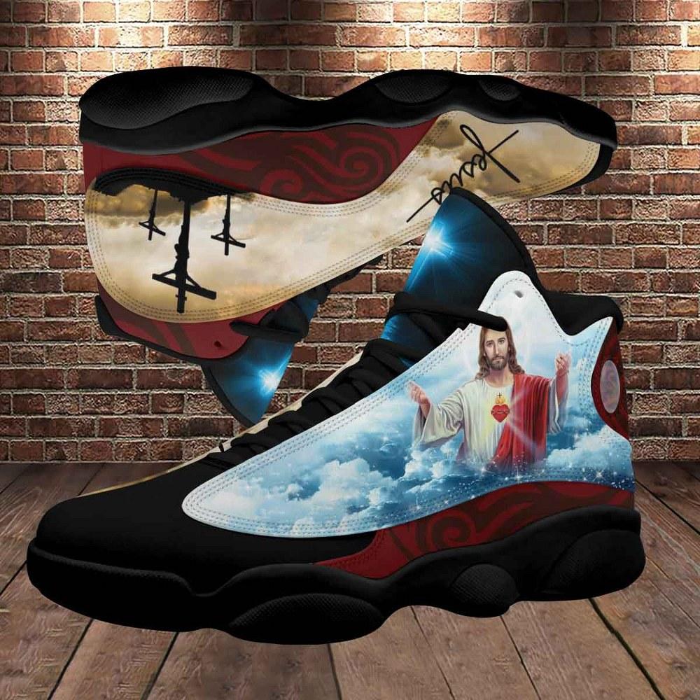 Christian Basketball Shoes, Cross Jesus Portrait Art With Heart Basketball Shoes, Jesus Shoes, Christian Fashion Shoes