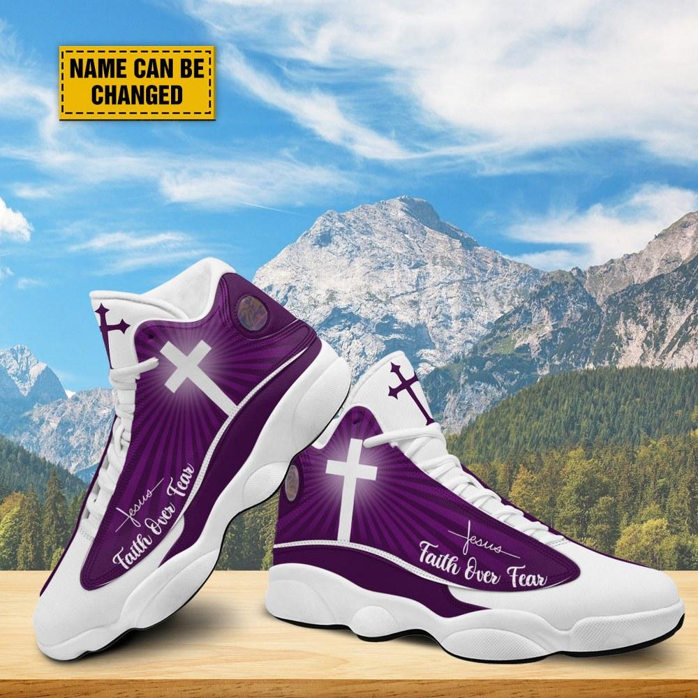 Christian Basketball Shoes, Faith Over Fear Customized Purple Jesus Basketball Shoes, Jesus Shoes, Christian Fashion Shoes