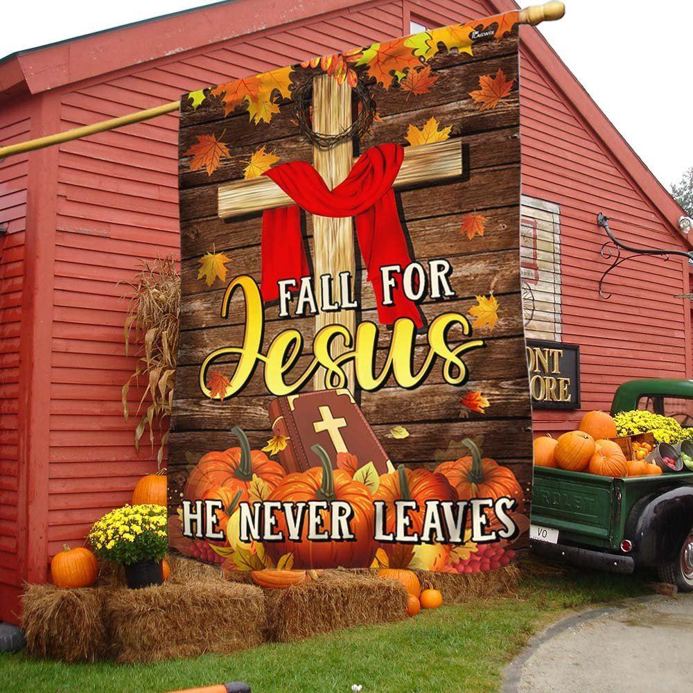 Christian Fall For Jesus He Never Leaves Thanksgiving Halloween Pumpkins Fall Flag – Thanksgiving Flag Outdoor Decoration