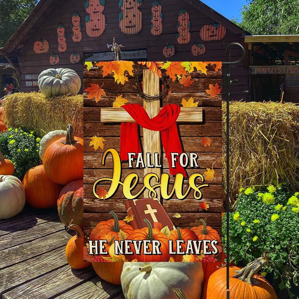 Christian Fall For Jesus He Never Leaves Thanksgiving Halloween Pumpkins Fall Flag – Thanksgiving Flag Outdoor Decoration
