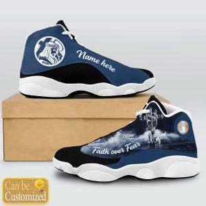 Christian Shoes, Jesus Faith Over Fear Custom Name Jd13 Shoes Blue And Black, Jesus Christ Shoes, Jesus Jd13 Shoes