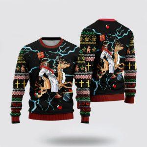 Christian Sweater, Jesus Riding Reindeer Black Ugly&hellip;