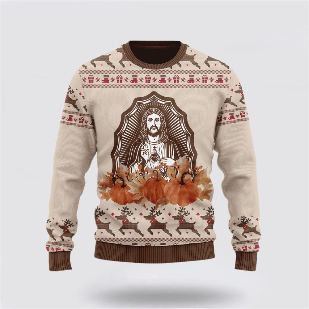 Christian Ugly Christmas Sweater, Christ God Pumpkin Maple Flower Ugly Christmas Sweater, Religious Christmas Sweaters