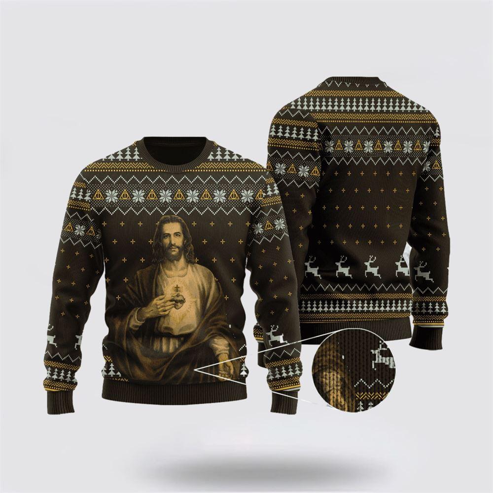 Christian Ugly Christmas Sweater, God Christ Show His Sacred Heart Ugly Christmas Sweater, Religious Christmas Sweaters