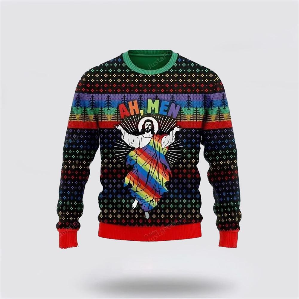 Christian Ugly Christmas Sweater, Jesus Ah Men Lgbtq Ugly Christmas Sweater, Religious Christmas Sweaters