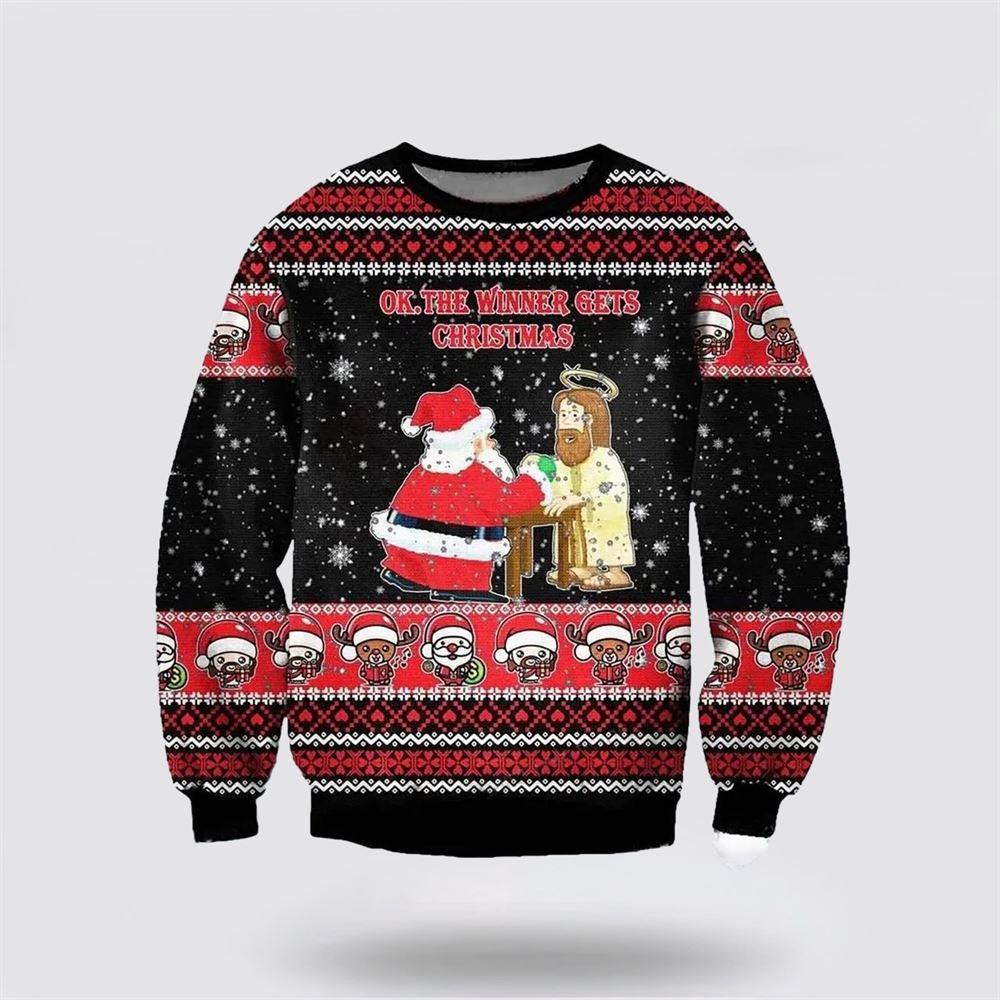 Christian Ugly Christmas Sweater, Jesus And Santa Claus Ugly Christmas Sweater, Religious Christmas Sweaters