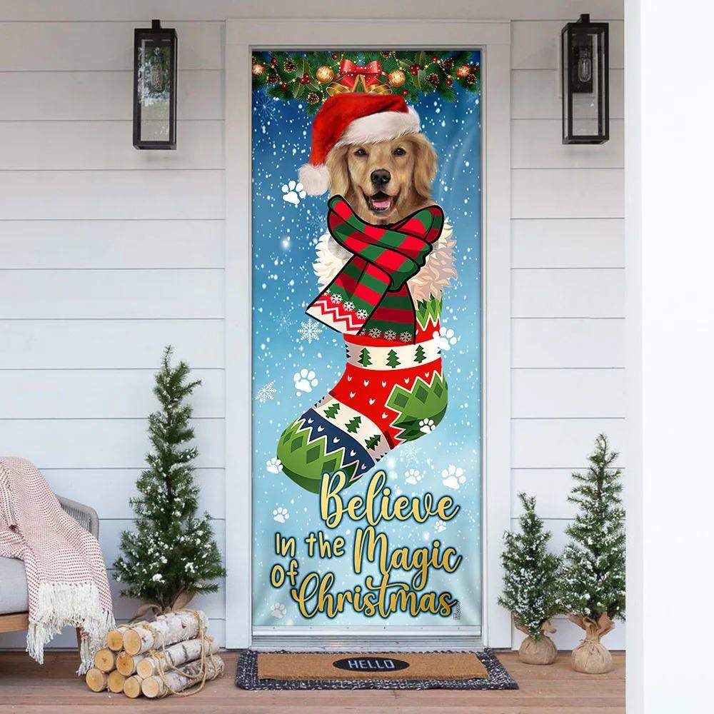 Christmas Door Cover, Believe In The Magic Of Christmas, Golden Retriever In Sock Door Cover