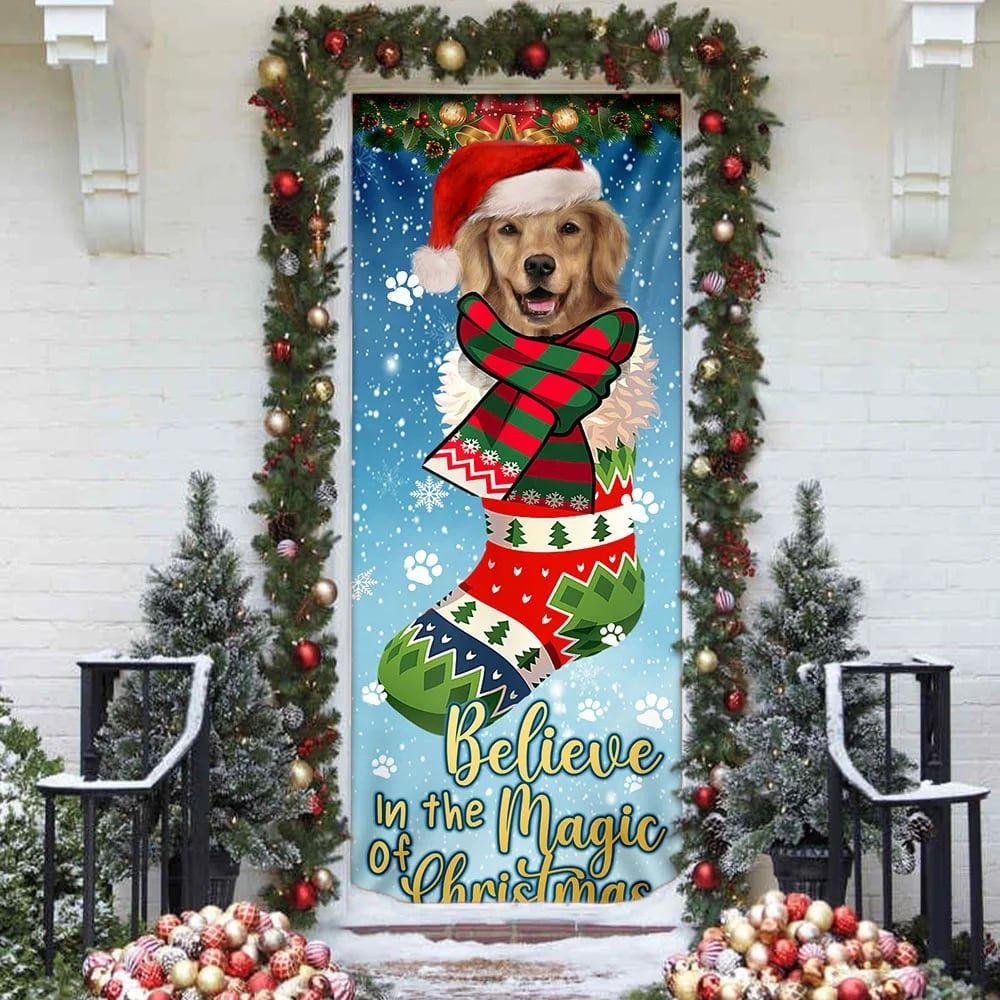 Christmas Door Cover, Believe In The Magic Of Christmas, Golden Retriever In Sock Door Cover
