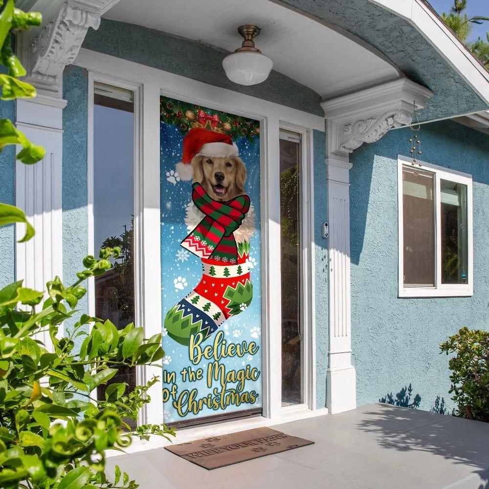 Christmas Door Cover, Believe In The Magic Of Christmas, Golden Retriever In Sock Door Cover