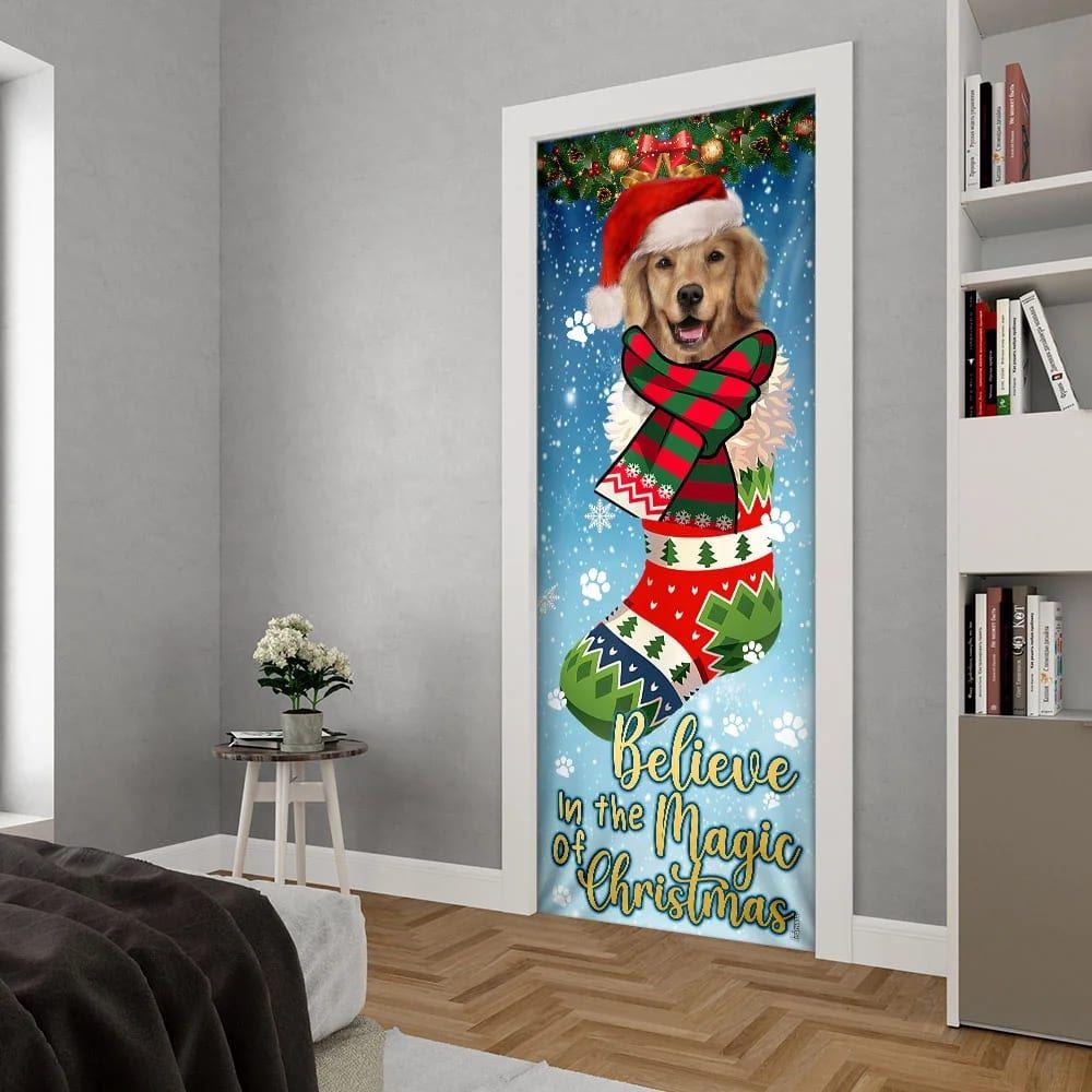 Christmas Door Cover, Believe In The Magic Of Christmas, Golden Retriever In Sock Door Cover