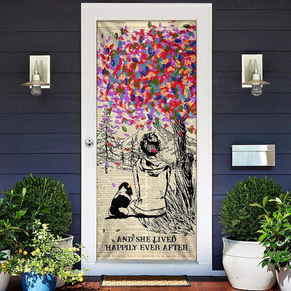 Christmas Door Cover, Dog And She Lived Happily Ever After, Dog Lover Door Cover, Christmas Gift For Dog Lover