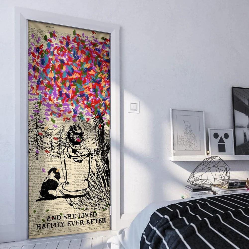 Christmas Door Cover, Dog And She Lived Happily Ever After, Dog Lover Door Cover, Christmas Gift For Dog Lover