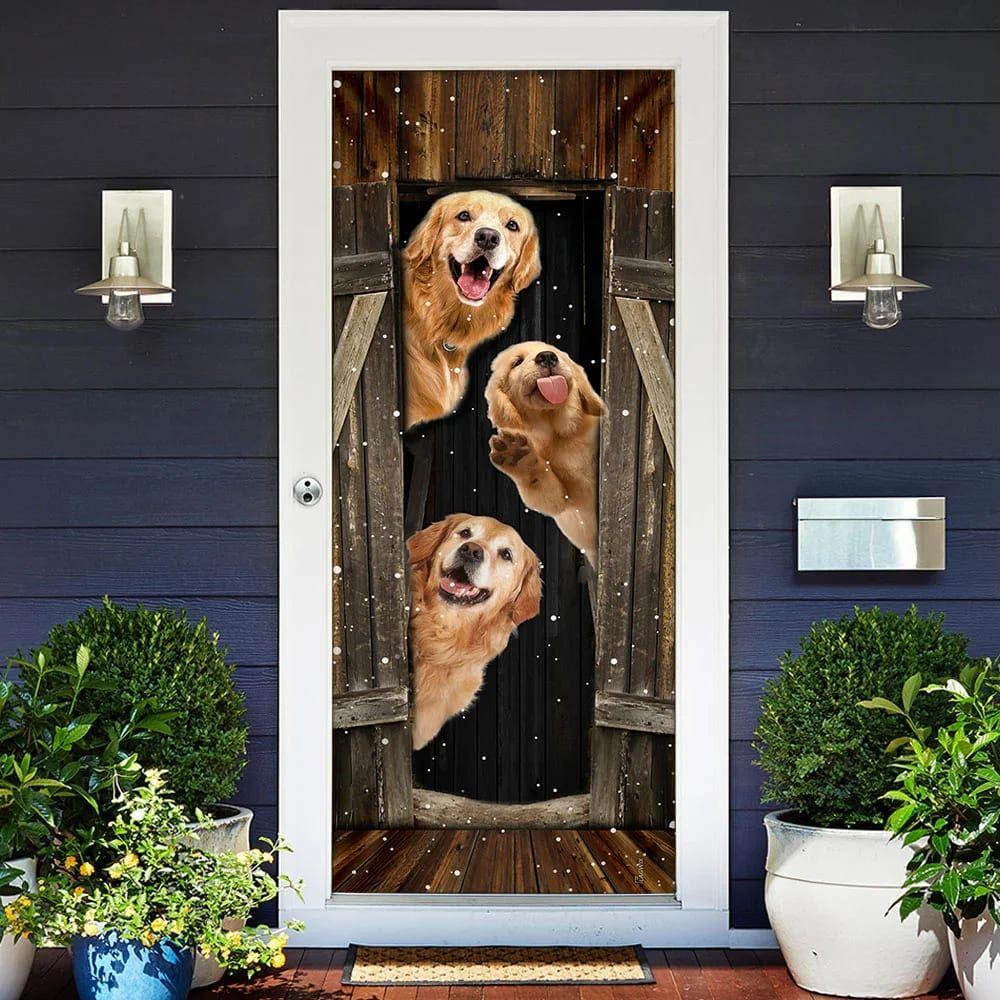 Christmas Door Cover, Golden Retriever Happy Farmhouse Door Cover, Christmas Gift For Dog Lover
