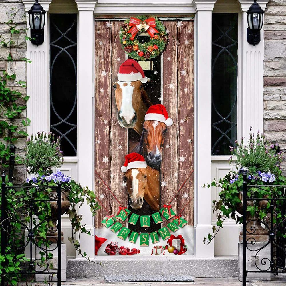 Christmas Door Cover, Horses Christmas Snow Barn Door Cover, Xmas Door Covers, Christmas Door Coverings