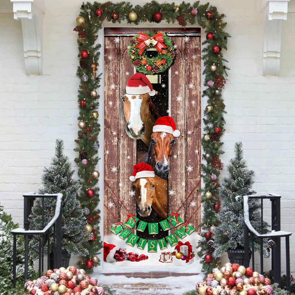 Christmas Door Cover, Horses Christmas Snow Barn Door Cover, Xmas Door Covers, Christmas Door Coverings