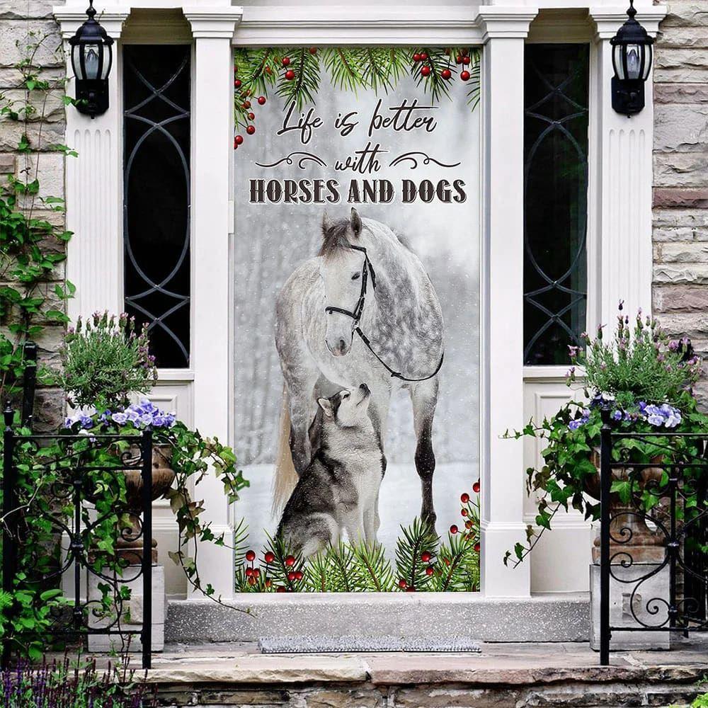 Christmas Door Cover, Life Is Better With Horses And Dogs Door Cover, Christmas Horse Decor