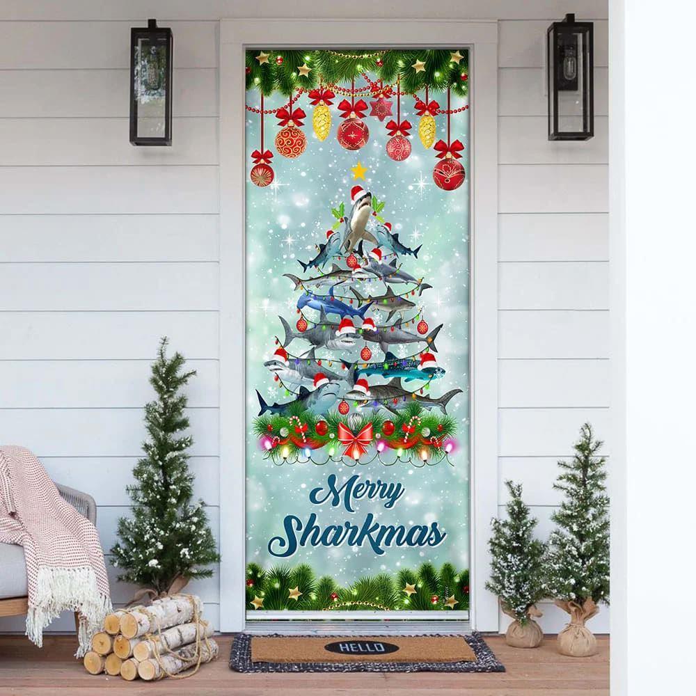 Christmas Door Cover, Shark Christmas Tree Door Cover, Merry Sharkmas Door Cover Christmas Door Cover, Shark Christmas Tree Door Cover, Merry Sharkmas Door Cover