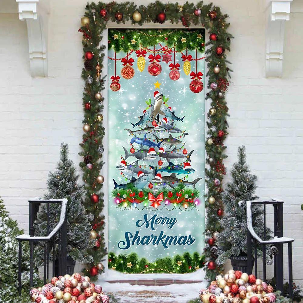 Christmas Door Cover, Shark Christmas Tree Door Cover, Merry Sharkmas Door Cover Christmas Door Cover, Shark Christmas Tree Door Cover, Merry Sharkmas Door Cover