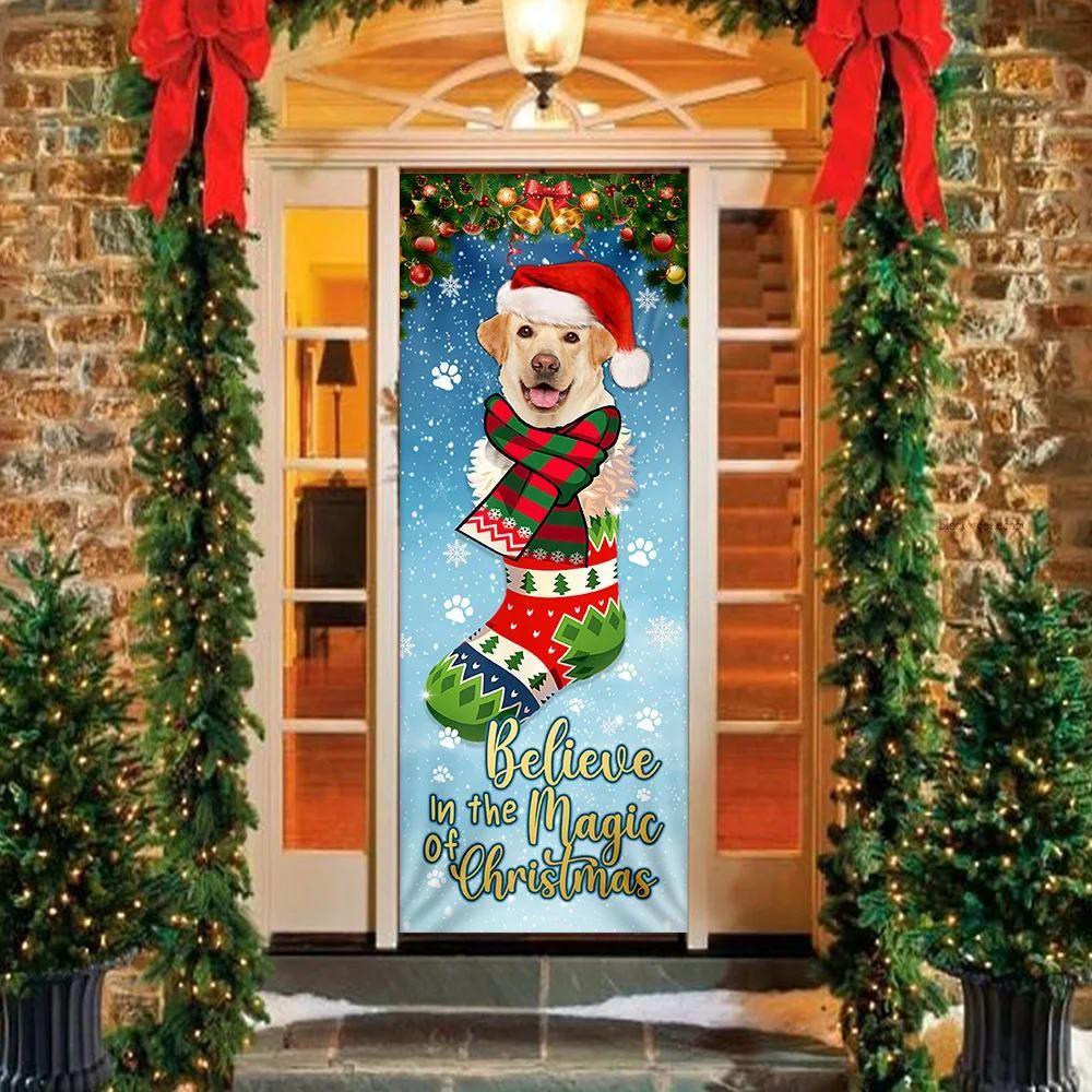 Christmas Door Cover, Yellow Lab In Sock Door Cover Believe In The Magic Of Christmas Labrador Retriever