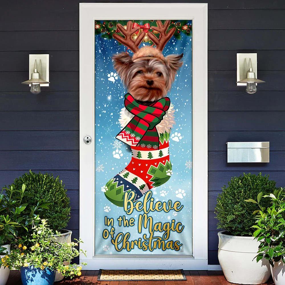 Christmas Door Cover, Yorkshire Terrier In Sock Door Cover