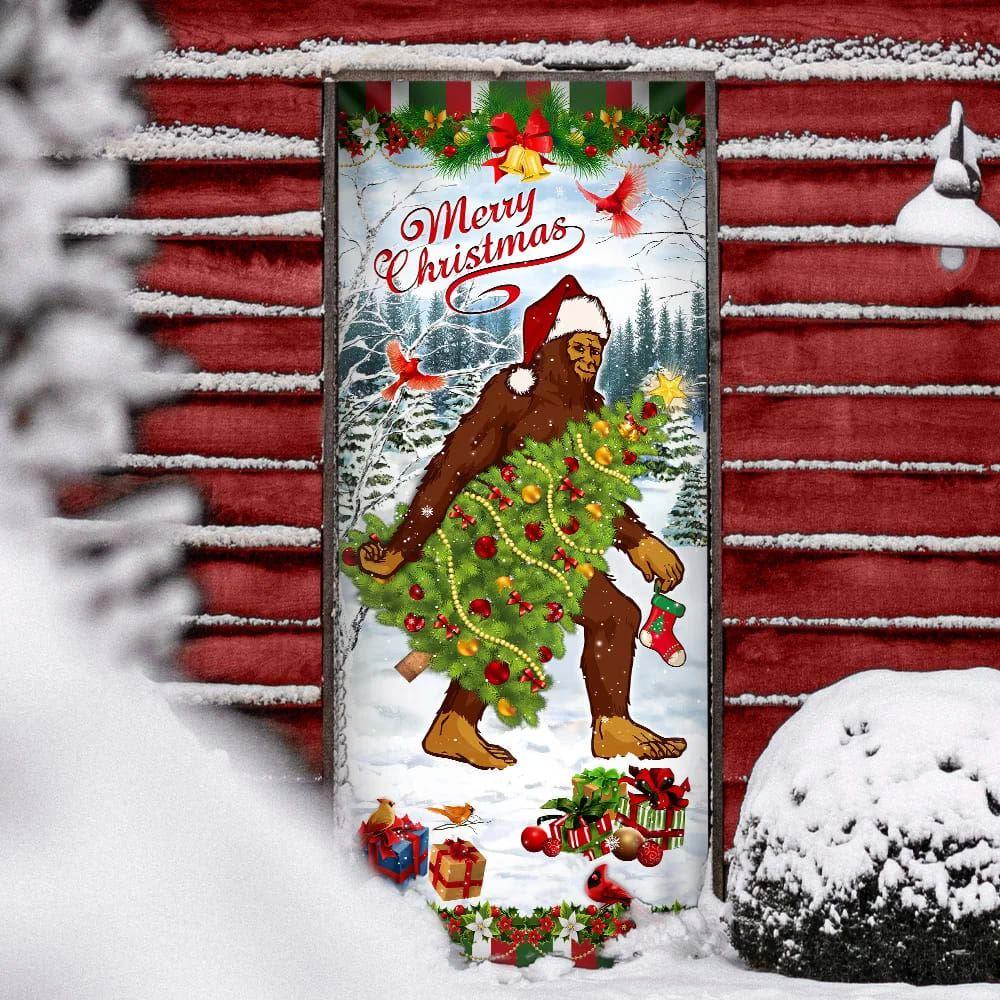 Christmas Farm Decor, Bigfoot Wearing Santa Hat Christmas Door Cover, Front Door Christmas Cover
