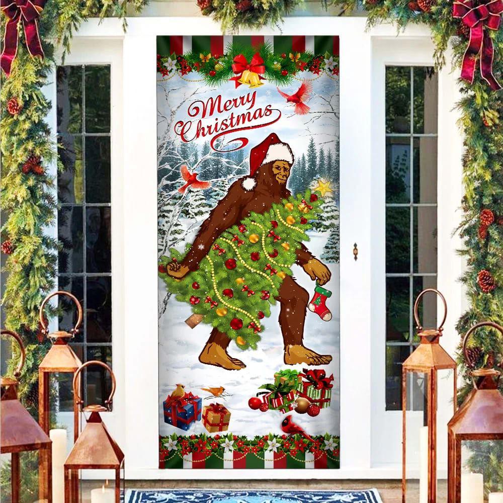 Christmas Farm Decor, Bigfoot Wearing Santa Hat Christmas Door Cover, Front Door Christmas Cover