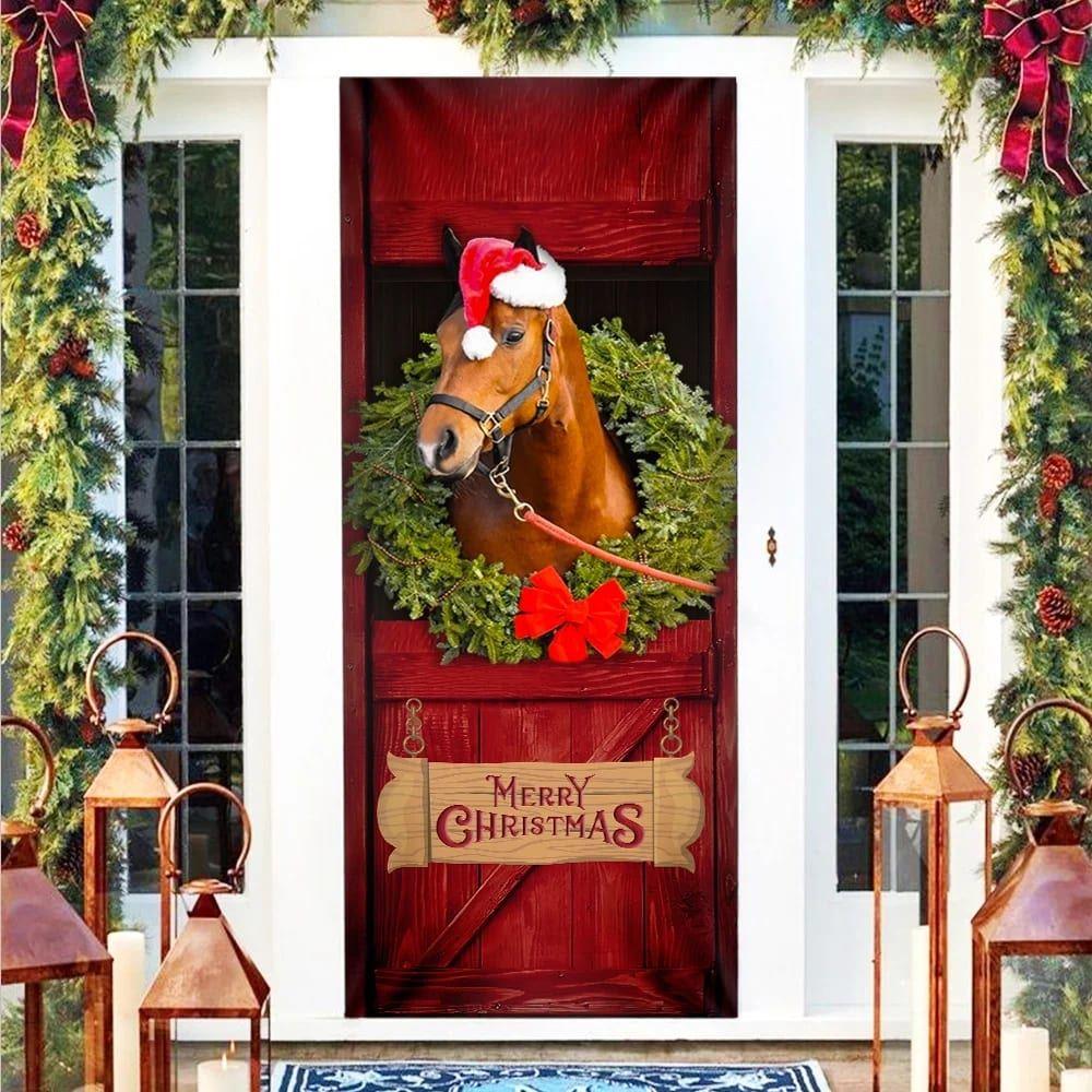 Christmas Farm Decor, Christmas Horse Door Cover, Merry Christmas Horse In Stable Door Cover