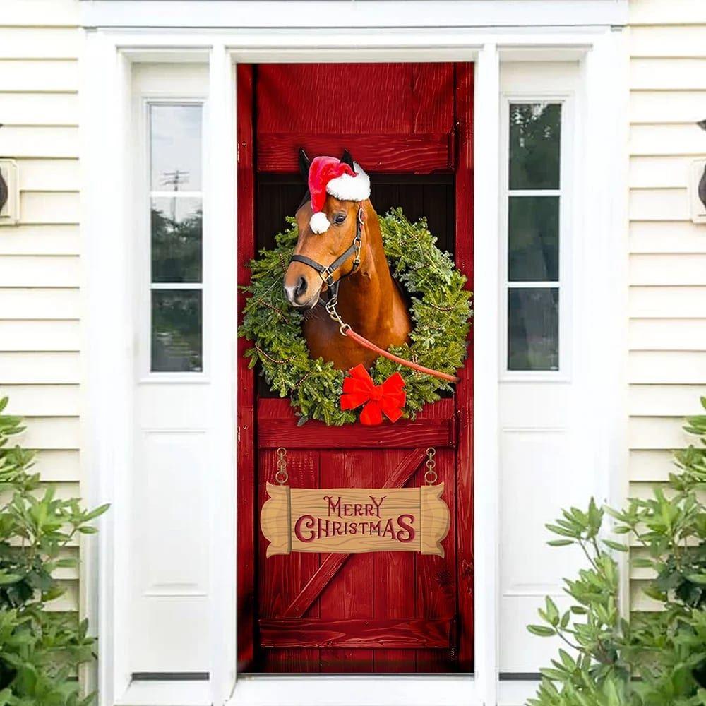 Christmas Farm Decor, Christmas Horse Door Cover, Merry Christmas Horse In Stable Door Cover